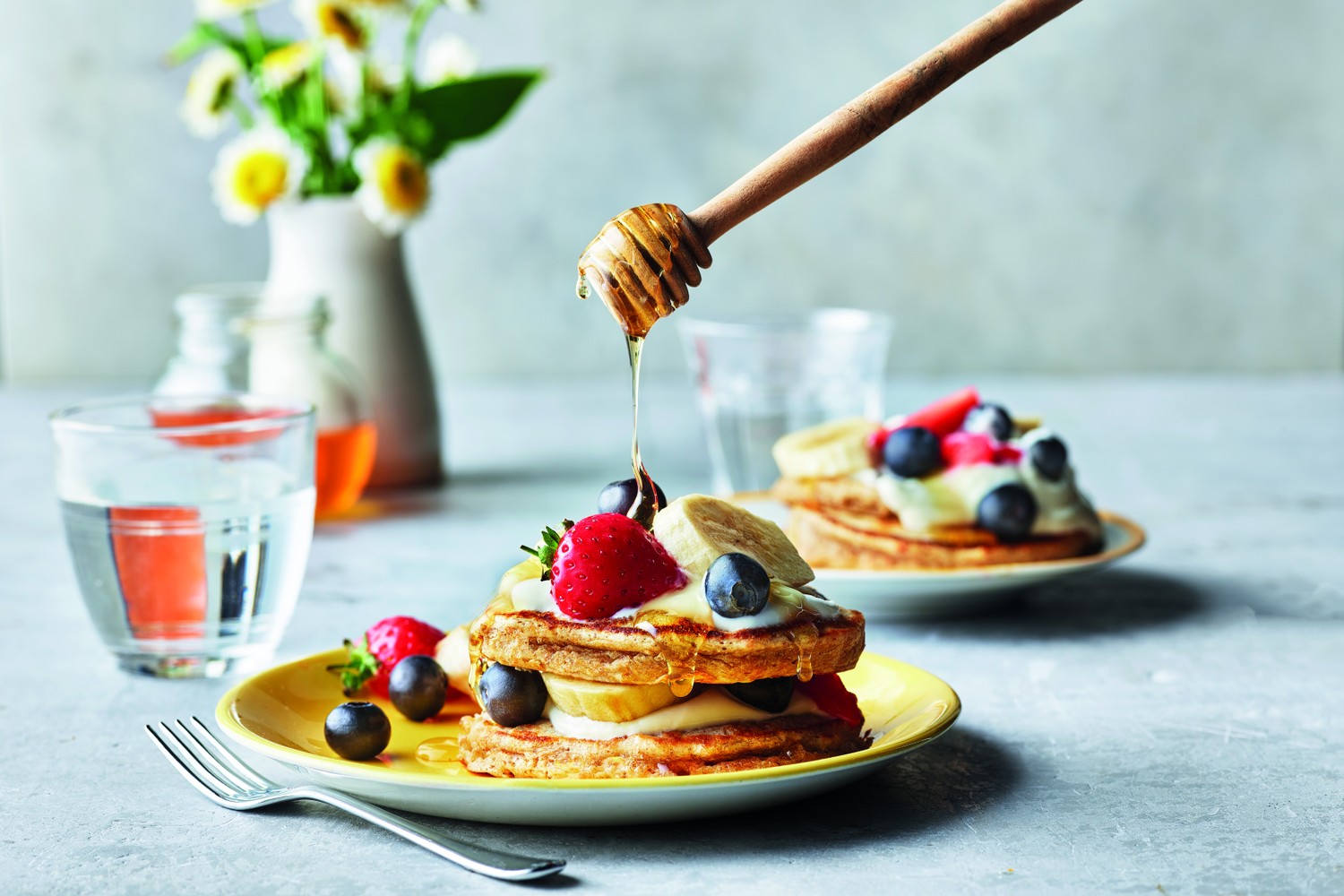 Pitch-perfect banana and blueberry pancakes