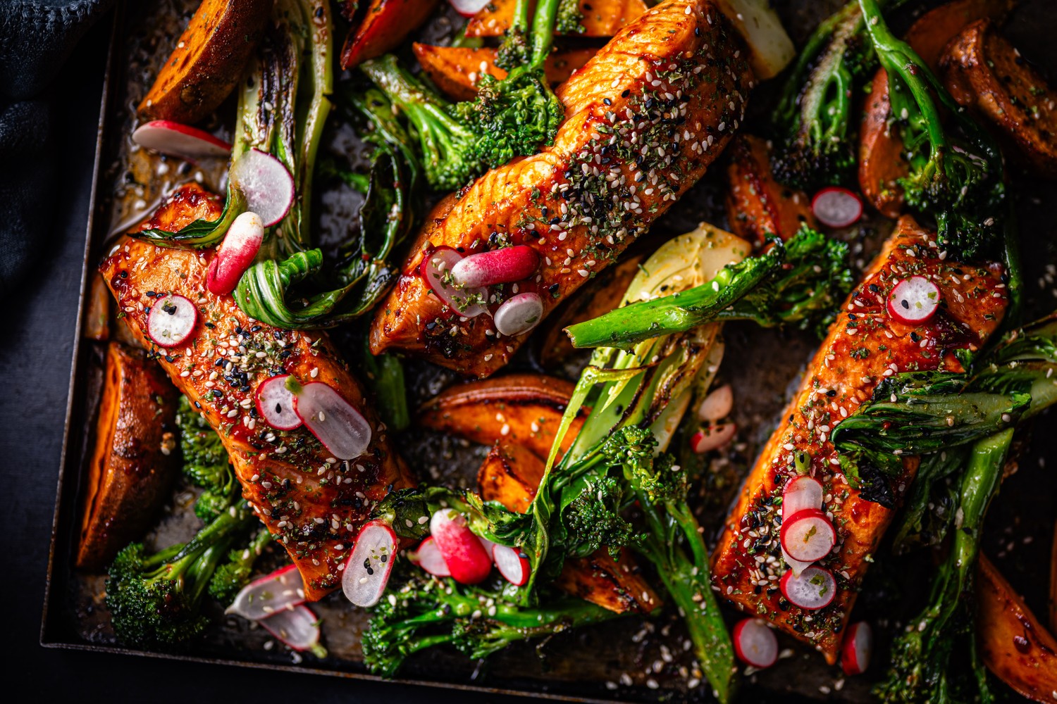 Korean salmon and sweet potato traybake