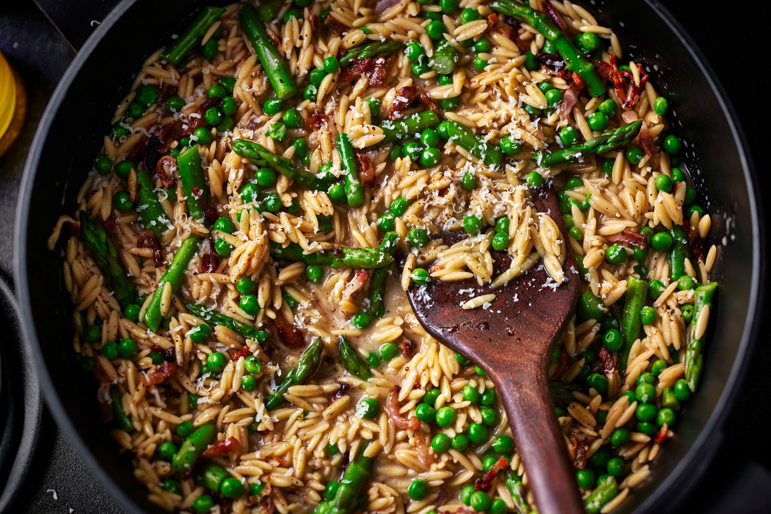 Pancetta, pea and asparagus orzotto recipe