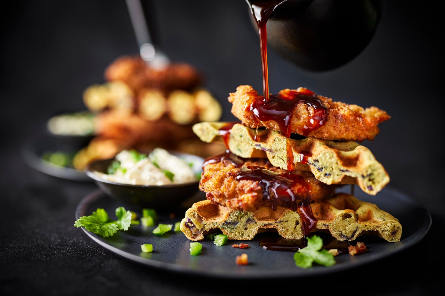 Fried chicken pakora waffles with tamarind honey glaze recipe