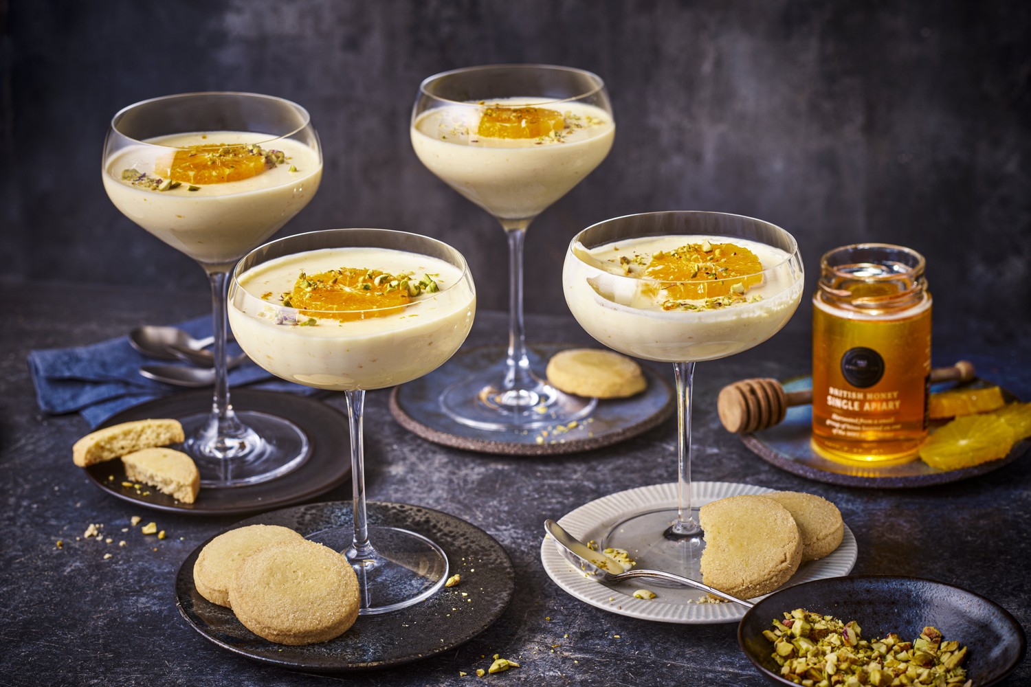Creamy honey, orange and pistachio possets