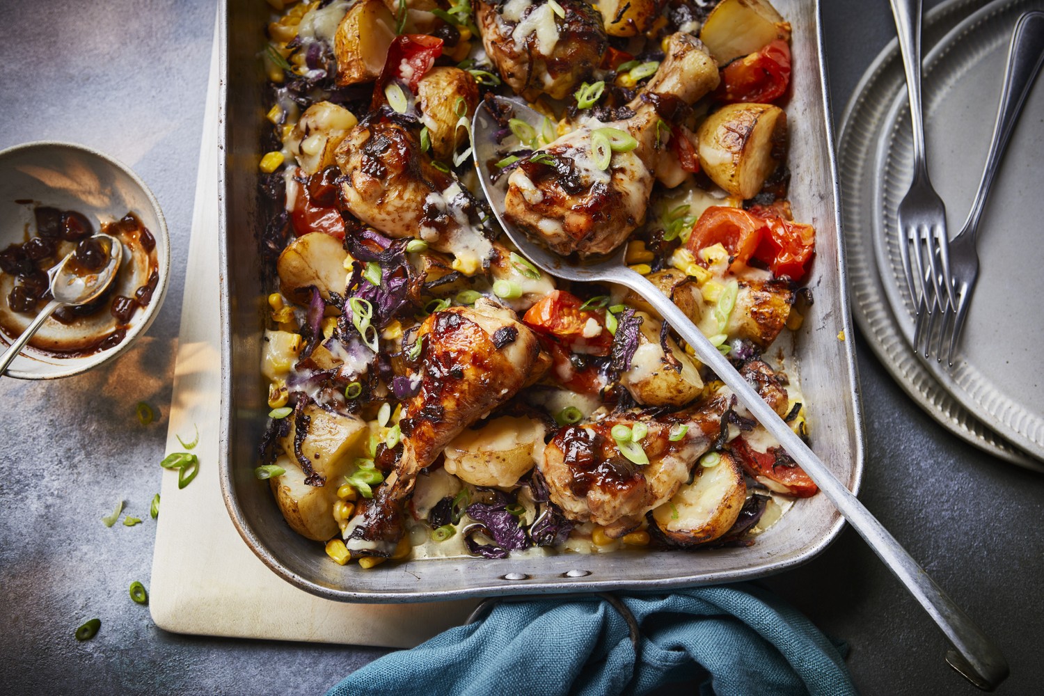 Sticky pickle chicken traybake