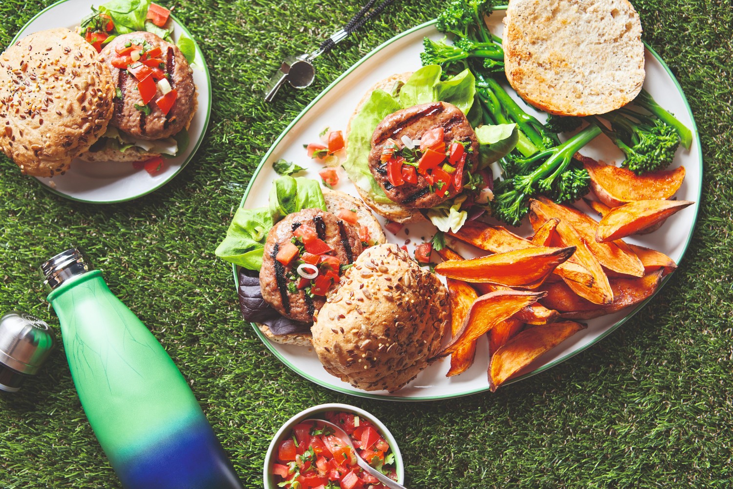 Lean beef burgers with smoky sweet potato wedges, broccoli and tomato salsa