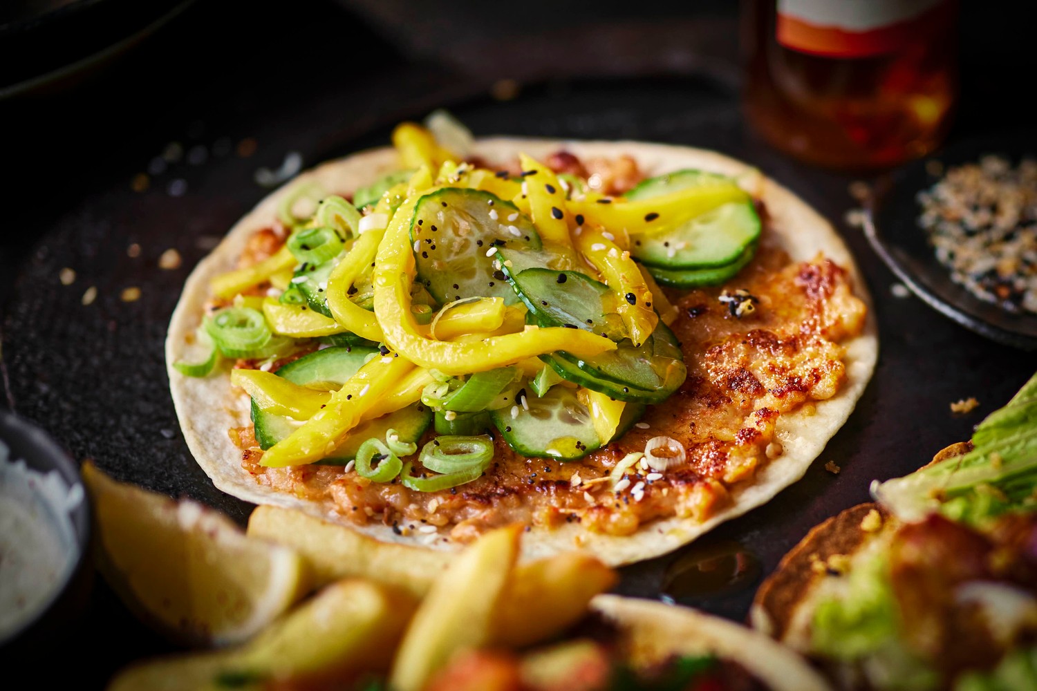 Smashed prawn dumpling tacos